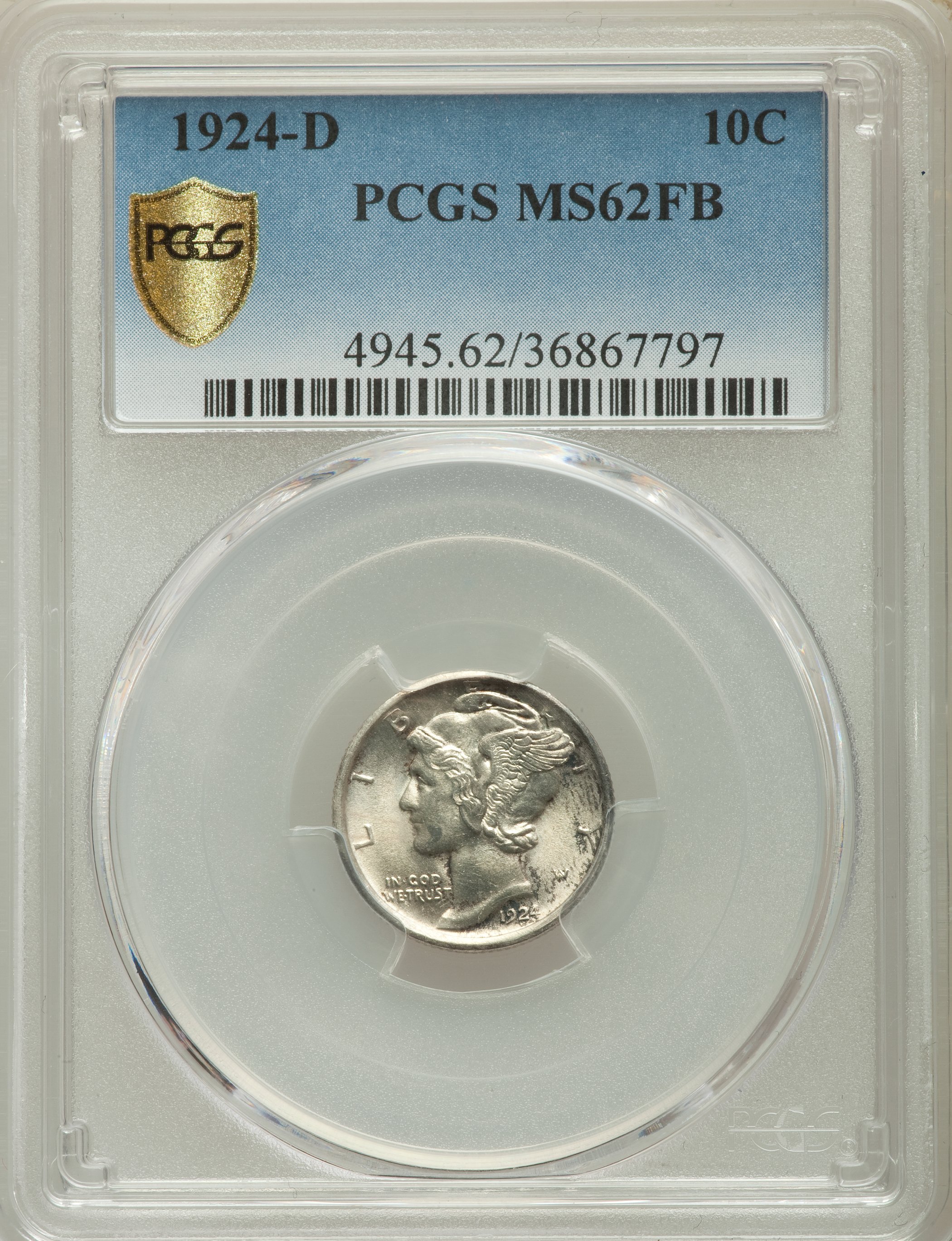 1924-D 10C MS62 Full Bands PCGS Secure. PCGS Population: (48/440). NGC Census: (20/250). Mintage 6,810,000....
