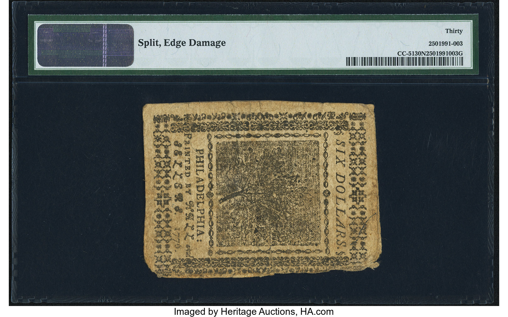 image for: Continental Currency November 2, 1776 $6 PMG Very Fine 30 Net....