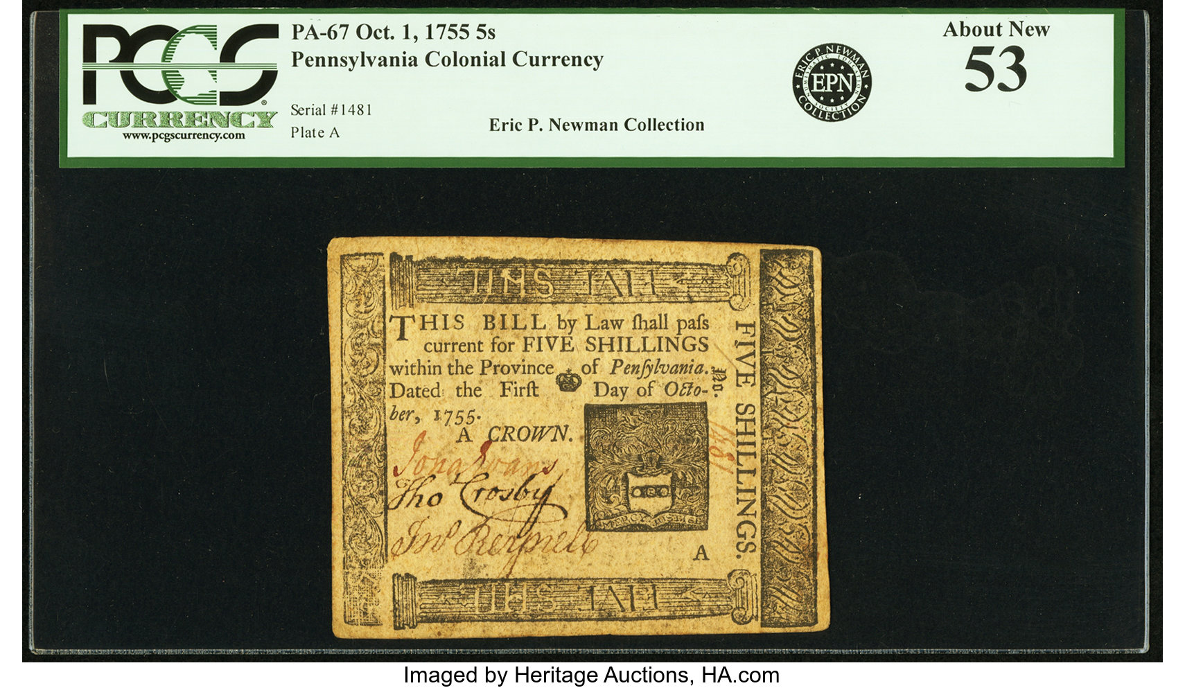 image for: Pennsylvania October 1, 1755 5 Shillings Fr. PA-67. PCGS About New 53....