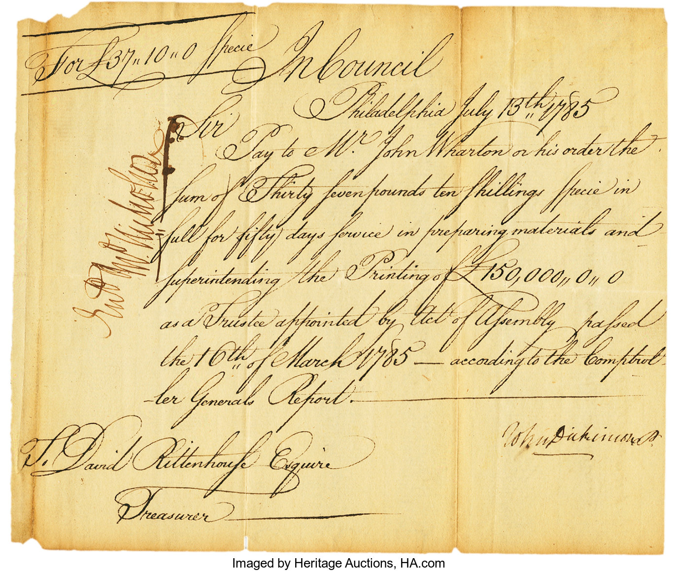 image for: Philadelphia, PA - David Rittenhouse [as] Treasurer of Pennsylvania Promissory Note for 37 Pounds 10 Shillings to John Wharton...