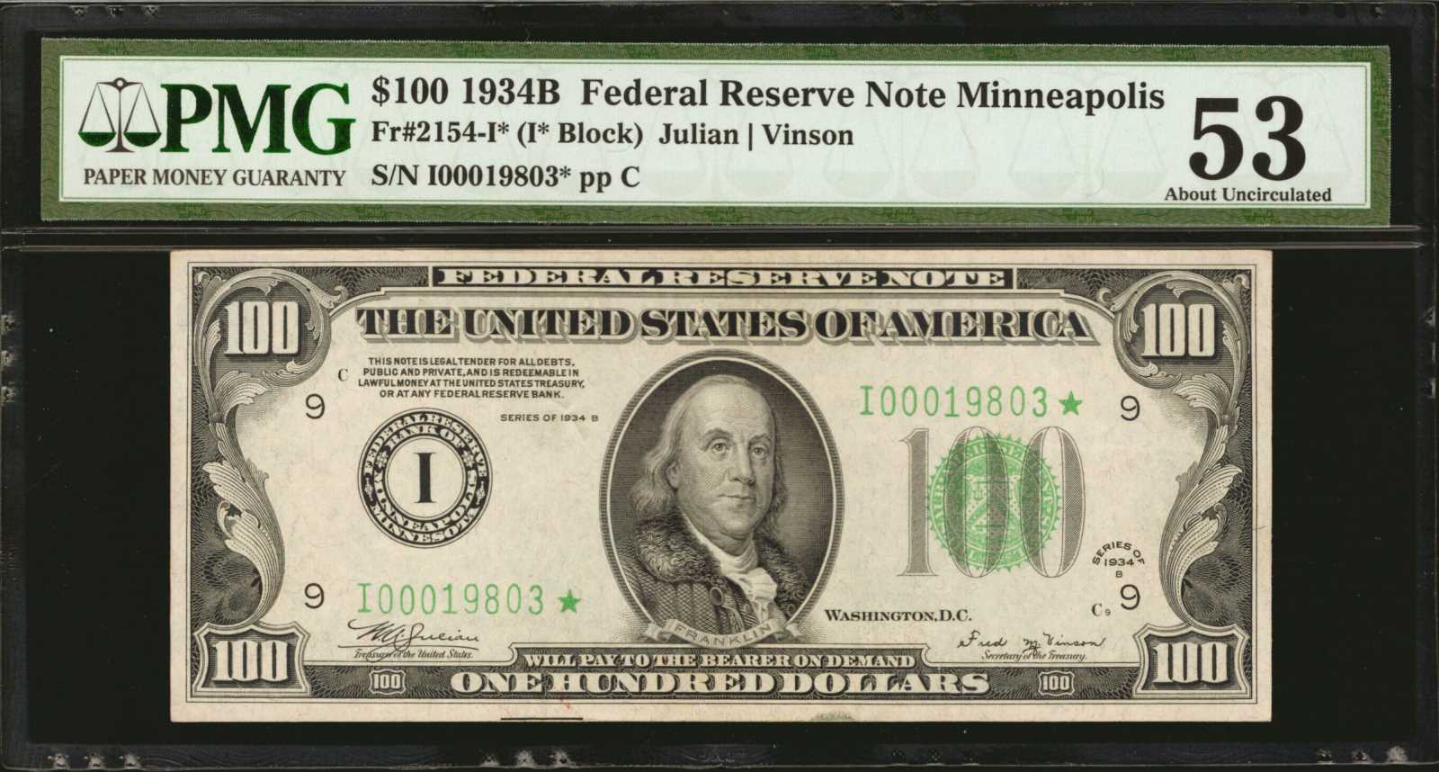 image for: Fr. 2154-I*. 1934B $100 Federal Reserve Star Note. Minneapolis. PMG About Uncirculated 53.