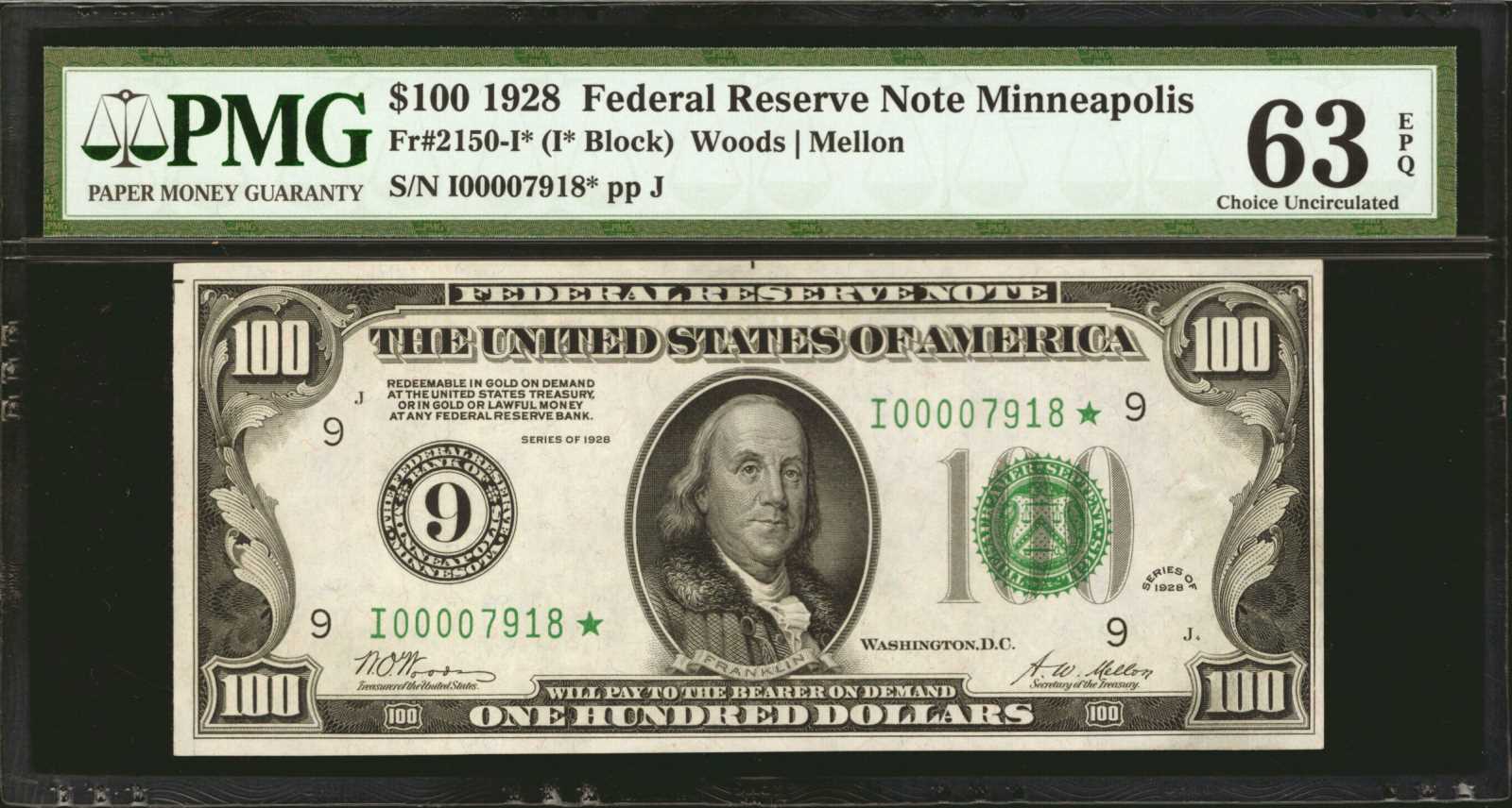image for: Fr. 2150-I*. 1928 $100 Federal Reserve Star Note. Minneapolis. PMG Choice Uncirculated 63 EPQ.