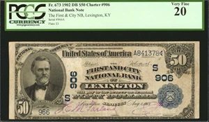 image for: Lexington, Kentucky. $50 1902 Date Back. Fr. 673. The First & City NB. Charter #906.2. PCGS Currency Very Fine 20.