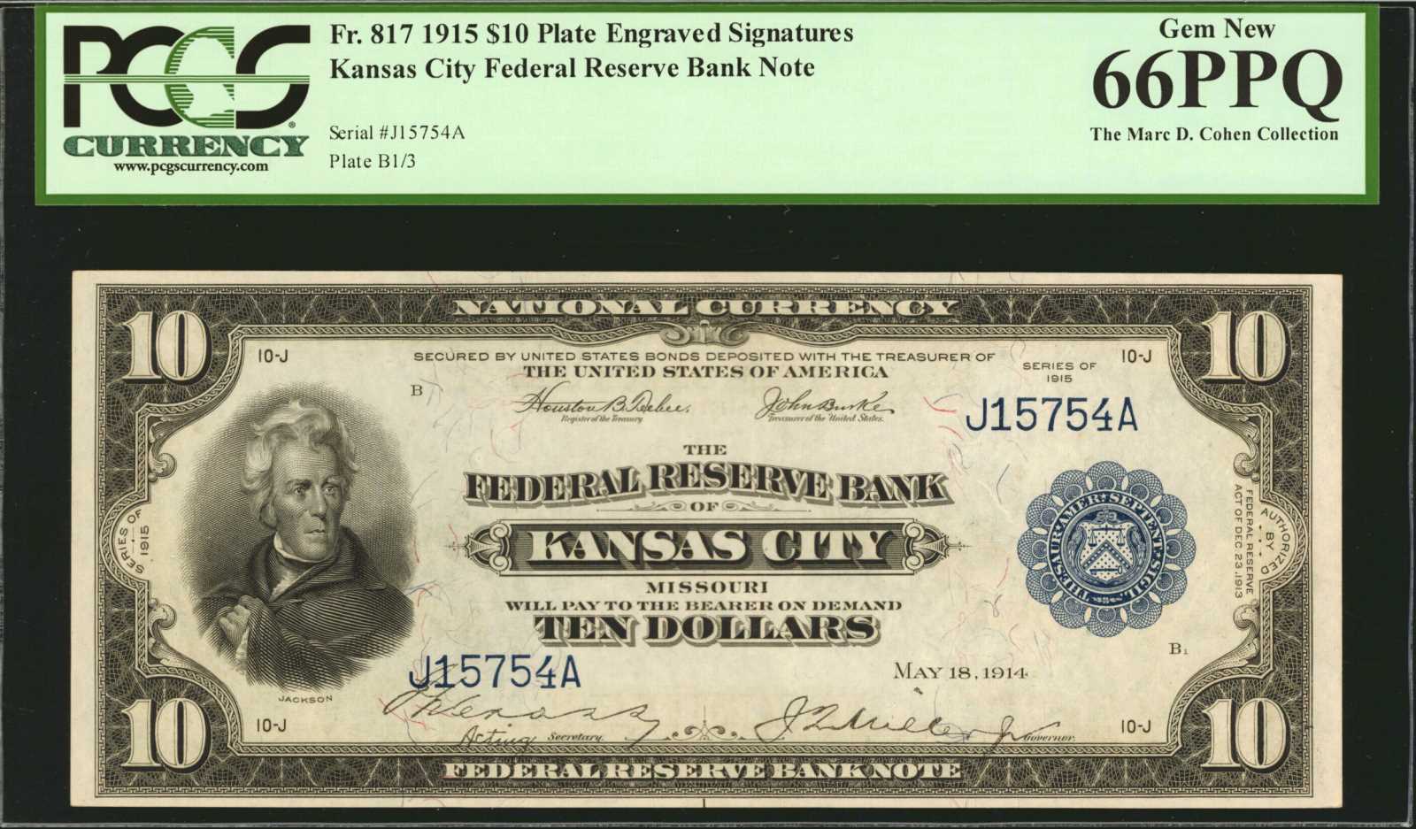 Fr. 817. 1915 $10 Federal Reserve Bank Note. Kansas City. PCGS Currency Gem New 66 PPQ.