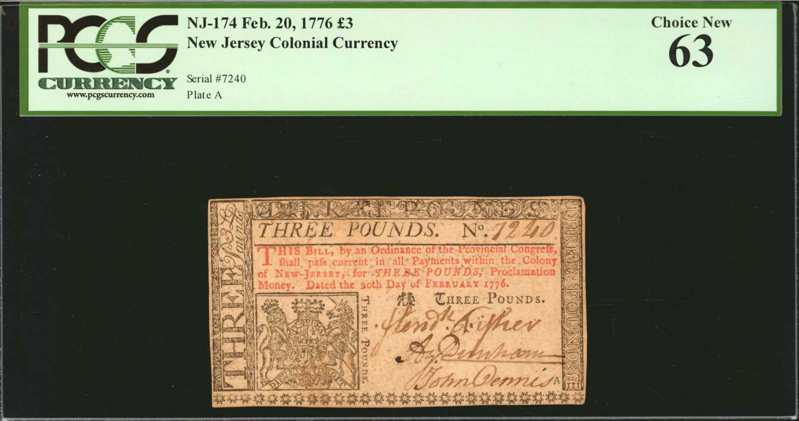 image for: NJ-174. New Jersey. February 20, 1776. 3 Pounds. PCGS Currency Choice New 63.