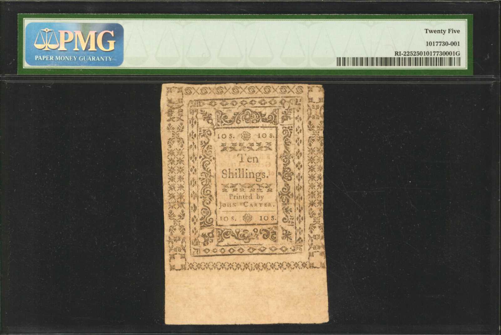 image for: RI-225. Rhode Island. January 15, 1776. 10 Shillings. PMG Very Fine 25.