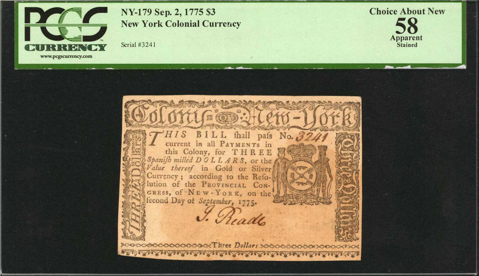image for: NY-179. New York. September 2, 1775. $3. PCGS Currency Choice About New 58 Apparent. Stained.