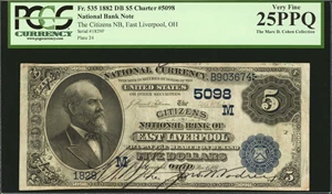 image for: East Liverpool, Ohio. $5 1882 Date Back. Fr. 535. The Citizens NB. Charter #5098. PCGS Currency Very Fine 25 PPQ.