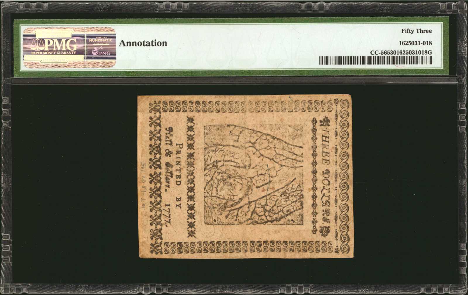 image for: CC-56. Continental Currency. February 26, 1777. $3. PMG About Uncirculated 53.