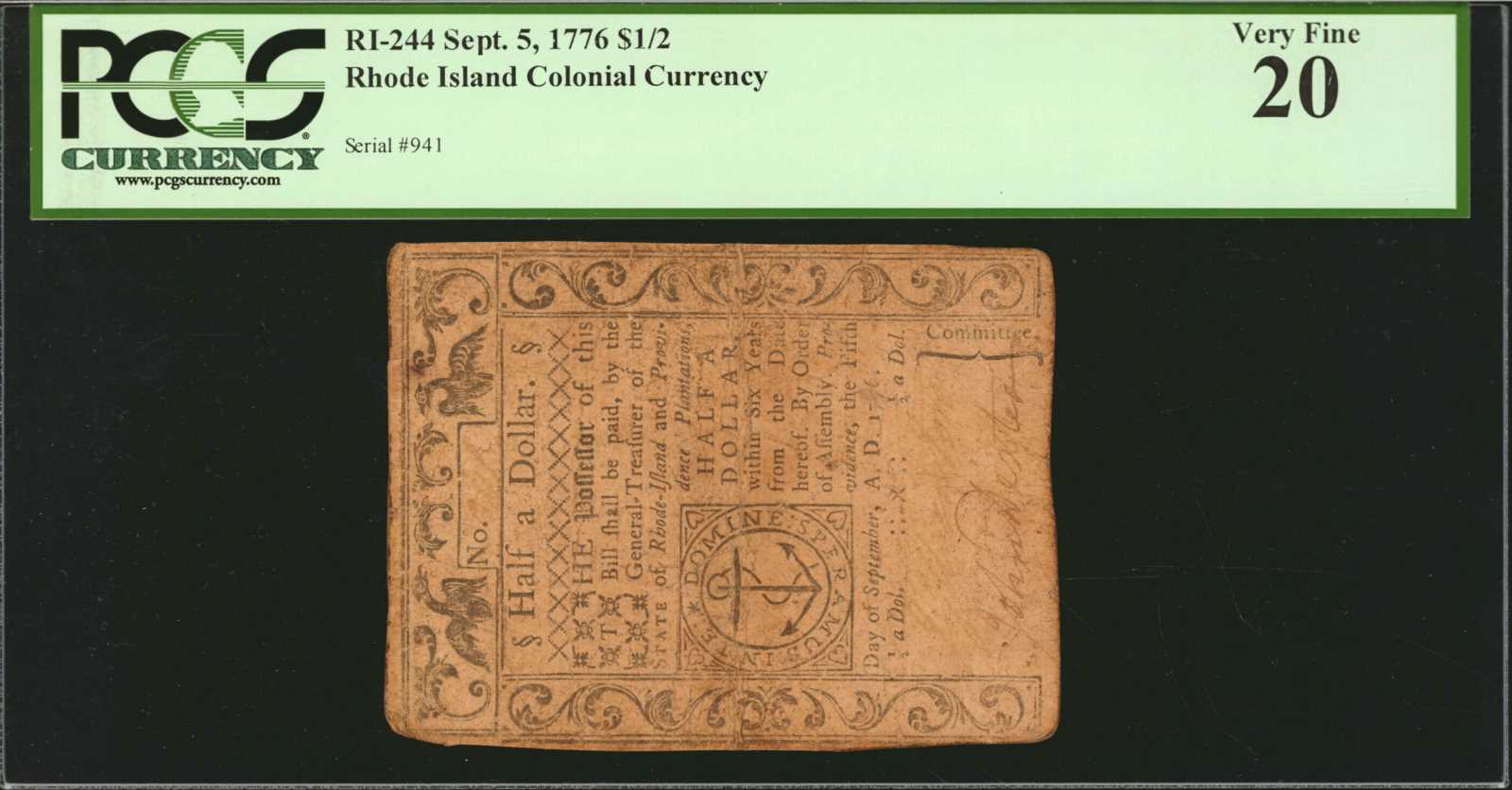 image for: RI-244. Rhode Island. September 5, 1776. $1/2. PCGS Currency Very Fine 20.