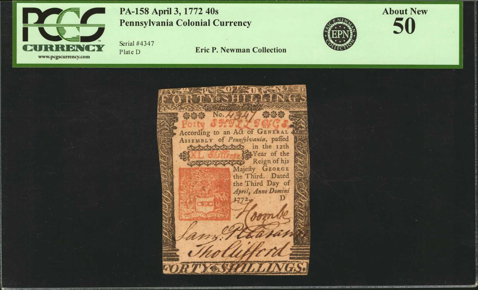image for: PA-158. Pennsylvania. April 3, 1772. 40 Shillings. PCGS Currency About New 50.