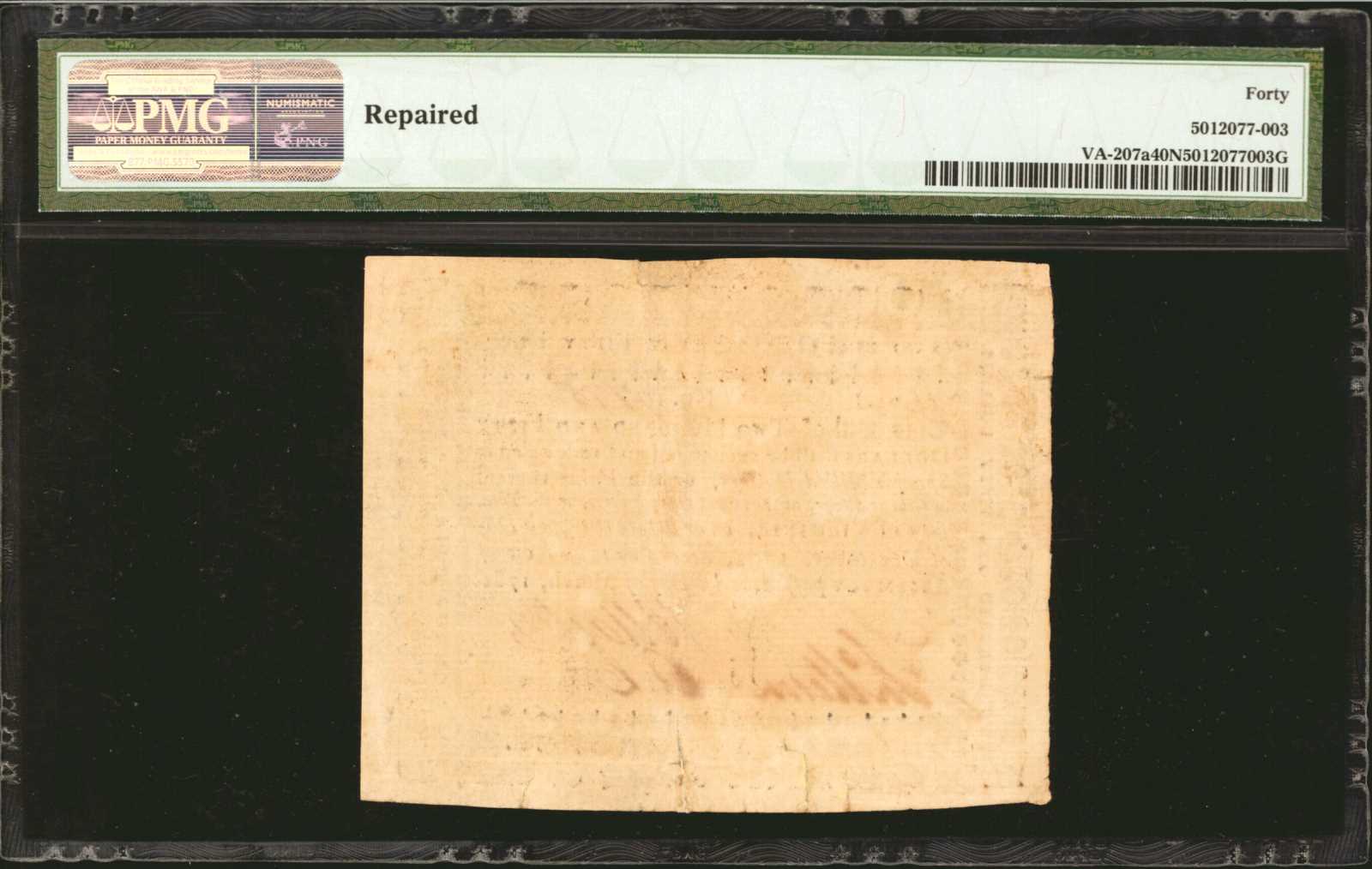 image for: VA-207a. Virginia. March 1, 1781. $250. PMG Extremely Fine 40 Net. Repaired.