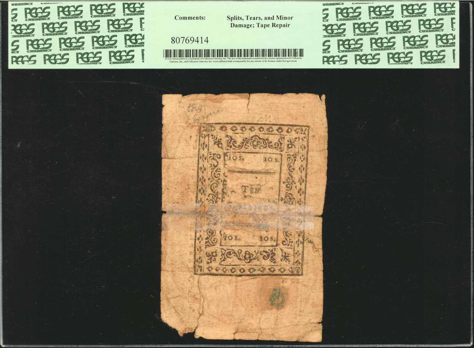 image for: RI-182. Rhode Island. May 3, 1775. 10 Shillings. PCGS Currency Fine 15.