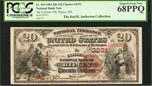 image for: Ripley, Ohio. $20 1882 Brown Back. Friedberg 494 (W-2071). The Citizens NB. Charter #3291. PCGS Currency Superb Gem New 68 PPQ.