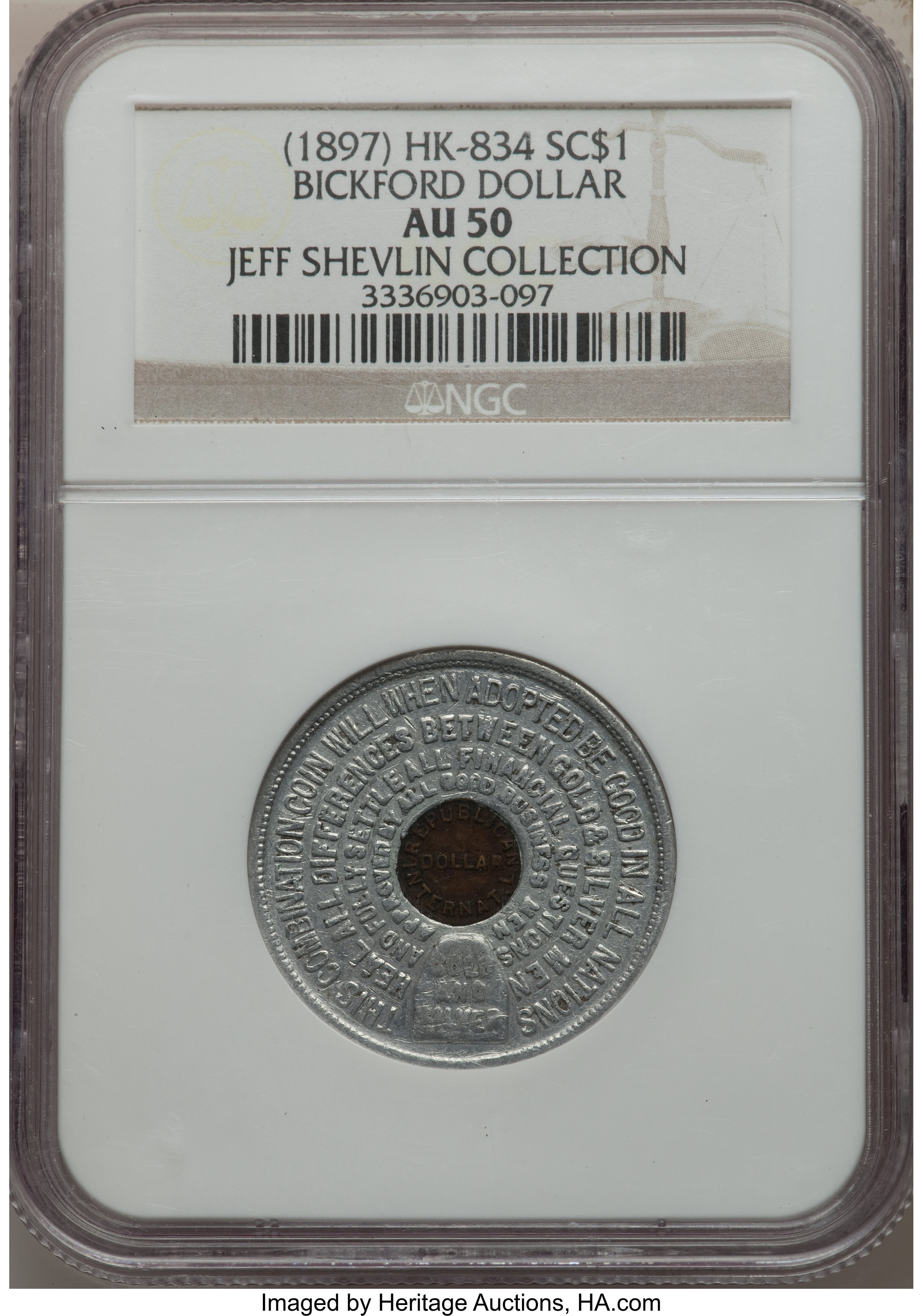 image for: 1897 Medal Bickford Dollar, Aluminum with Bronze Center, HK-834, R.5, AU50 NGC. Ex: Jeff Shevlin Collection. NGC Census: (0...