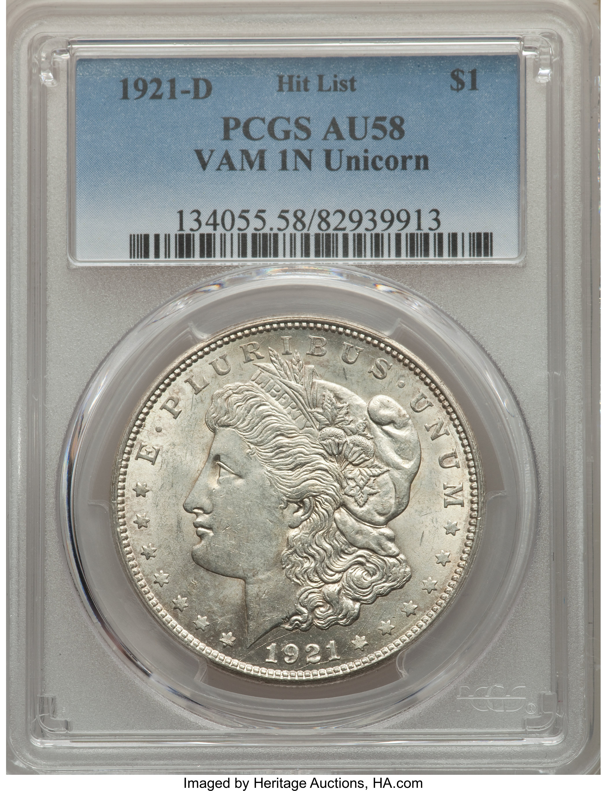 1921-D $1 Unicorn, VAM-1N, AU58 PCGS. Hit List. PCGS Population: (16/41). NGC Census: (0/0). AU58....
