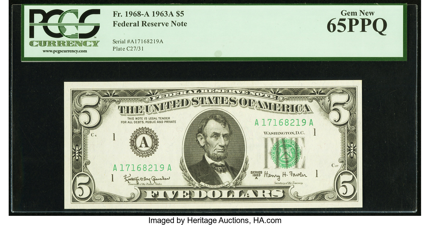 image for: Fr. 1968-A $5 1963A Federal Reserve Note. PCGS Gem New 65PPQ....