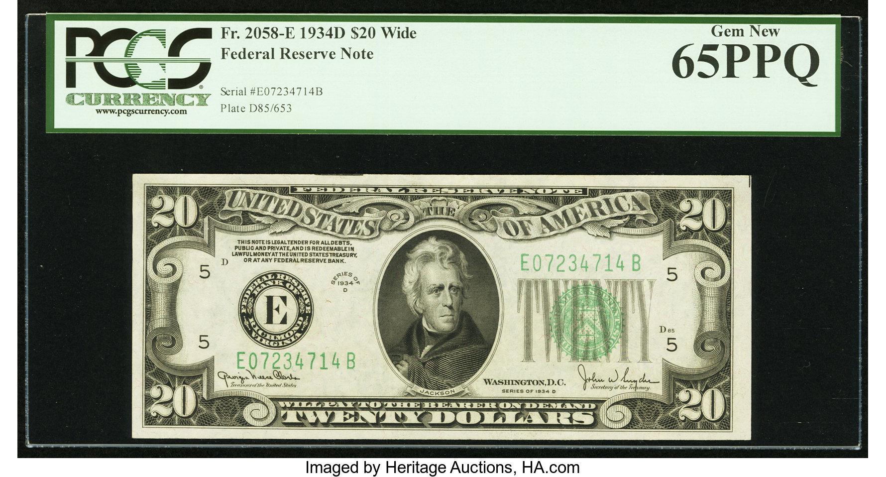 image for: Fr. 2058-E $20 1934D Wide Federal Reserve Note. E-B Block. PCGS Gem New 65PPQ....