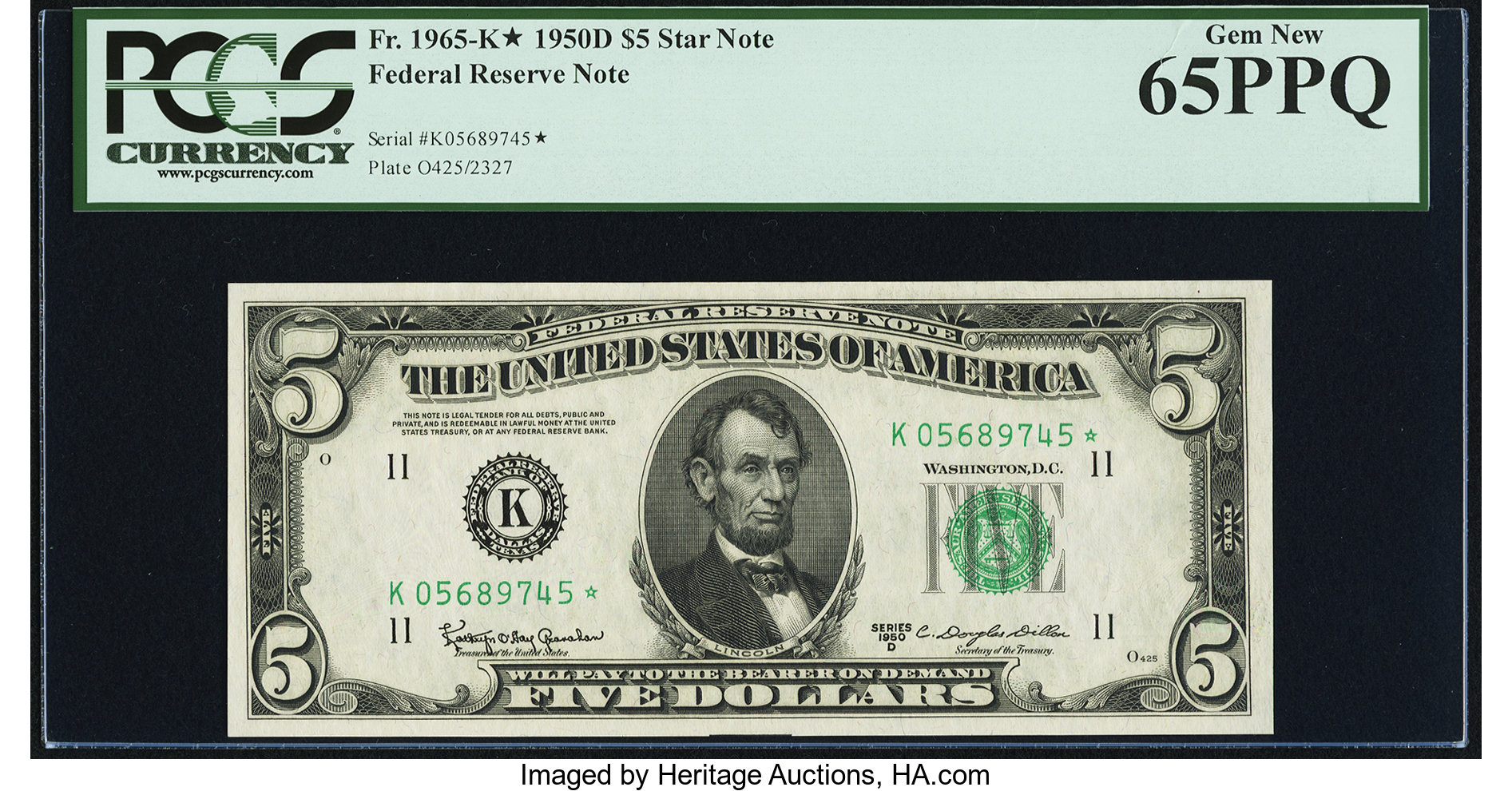 image for: Fr. 1965-K* $5 1950D Federal Reserve Star Note. PCGS Gem New 65PPQ....