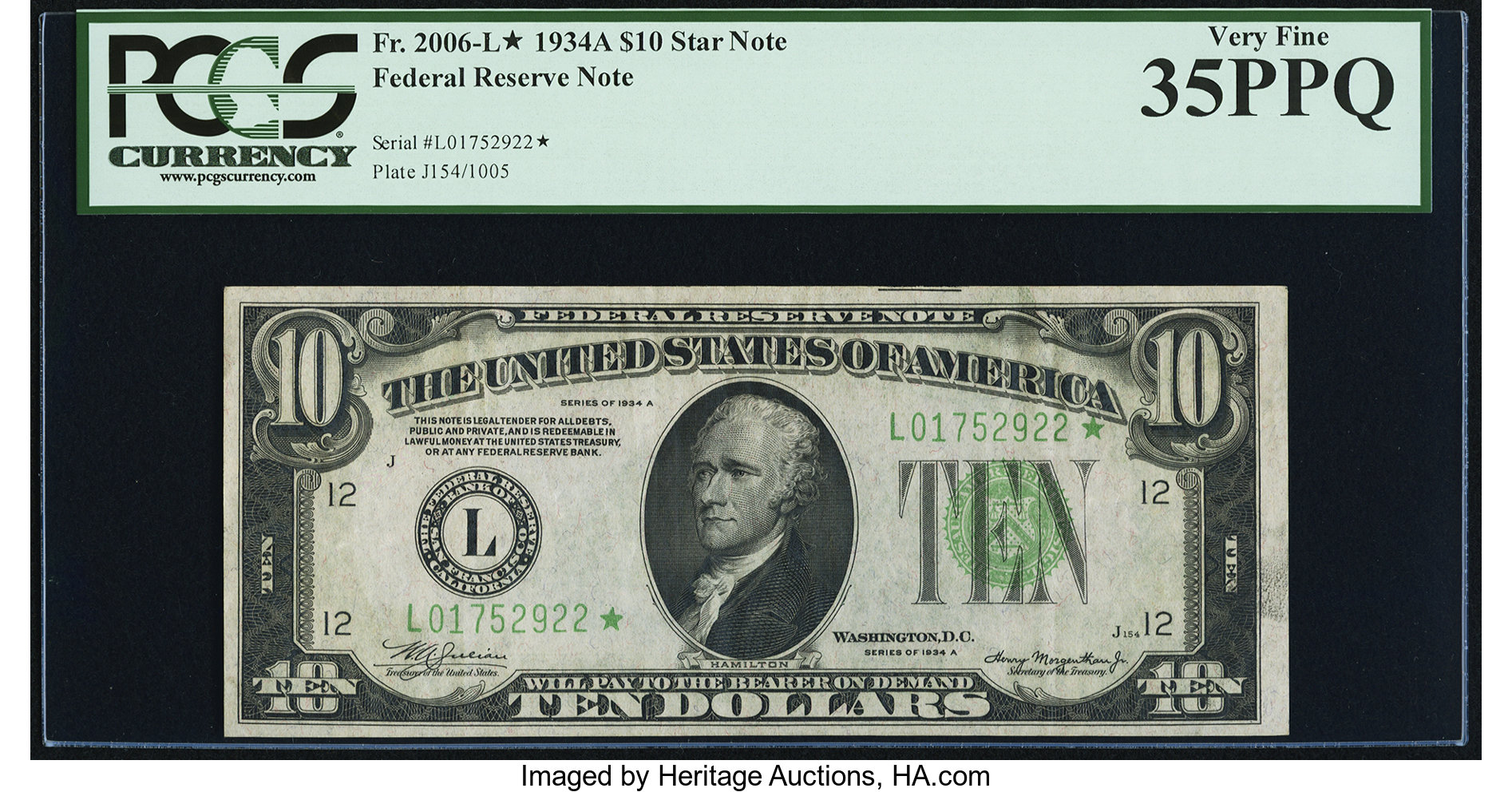 image for: Fr. 2006-L* $10 1934A Federal Reserve Star Note. PCGS Very Fine 35PPQ....