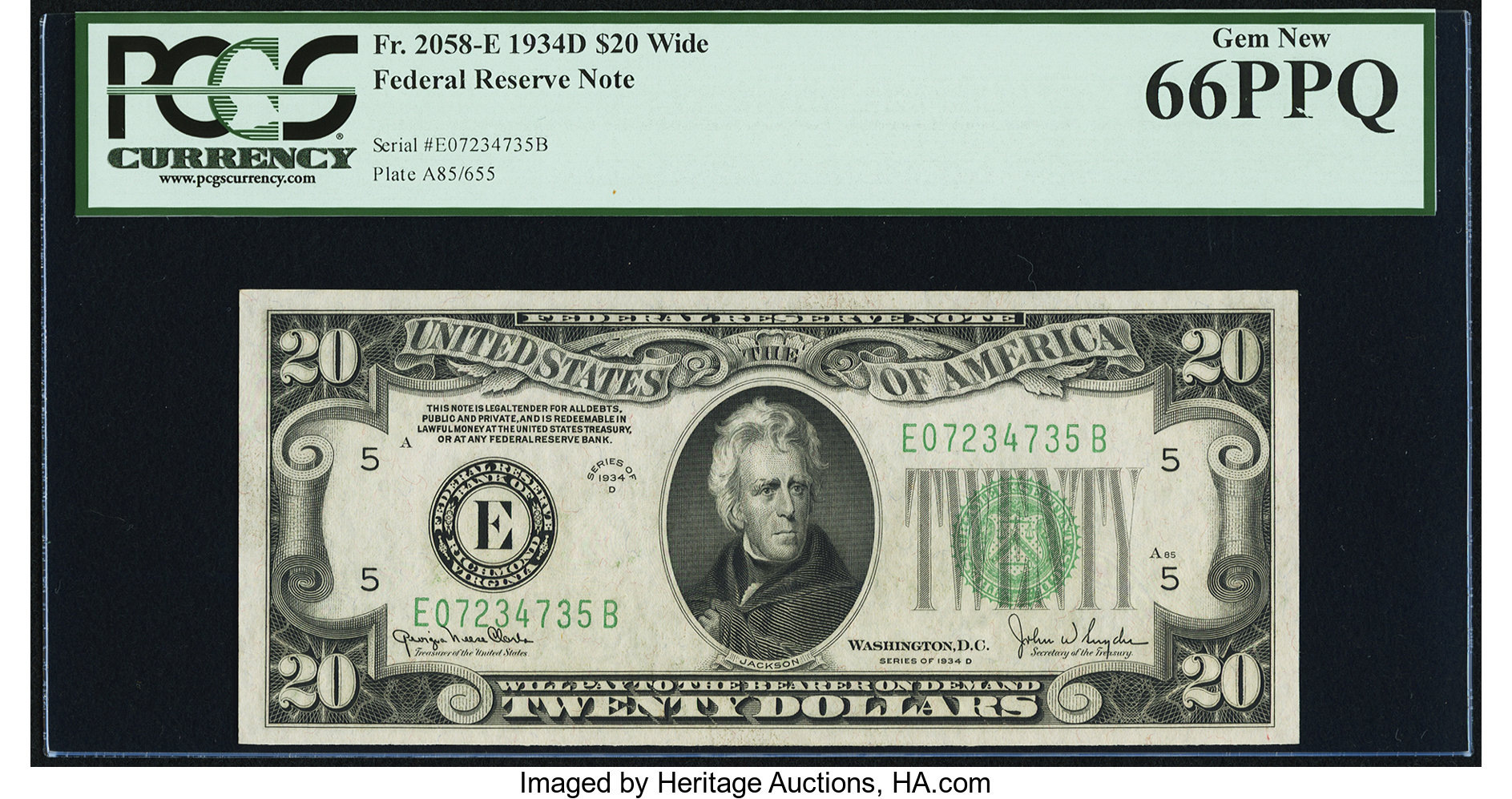 image for: Fr. 2058-E $20 1934D Wide Federal Reserve Note. PCGS Gem New 66PPQ....