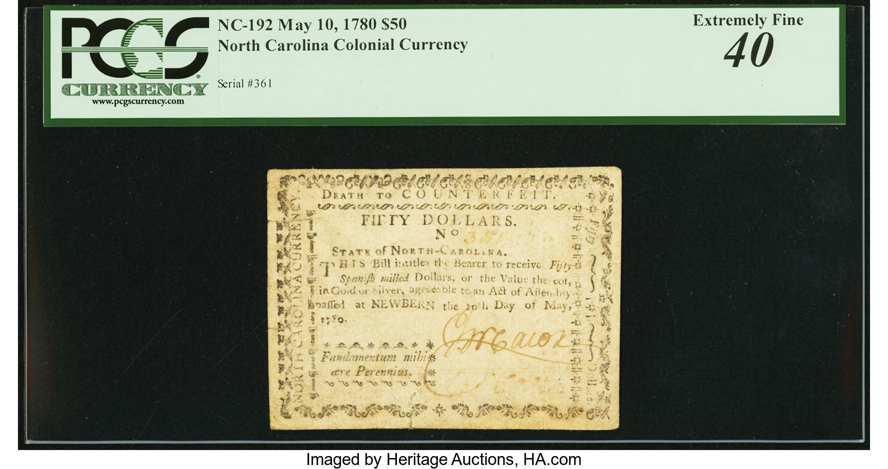 image for: North Carolina May 10, 1780 $50 Fundamentum Mihi Aere Perennius PCGS Extremely Fine 40....
