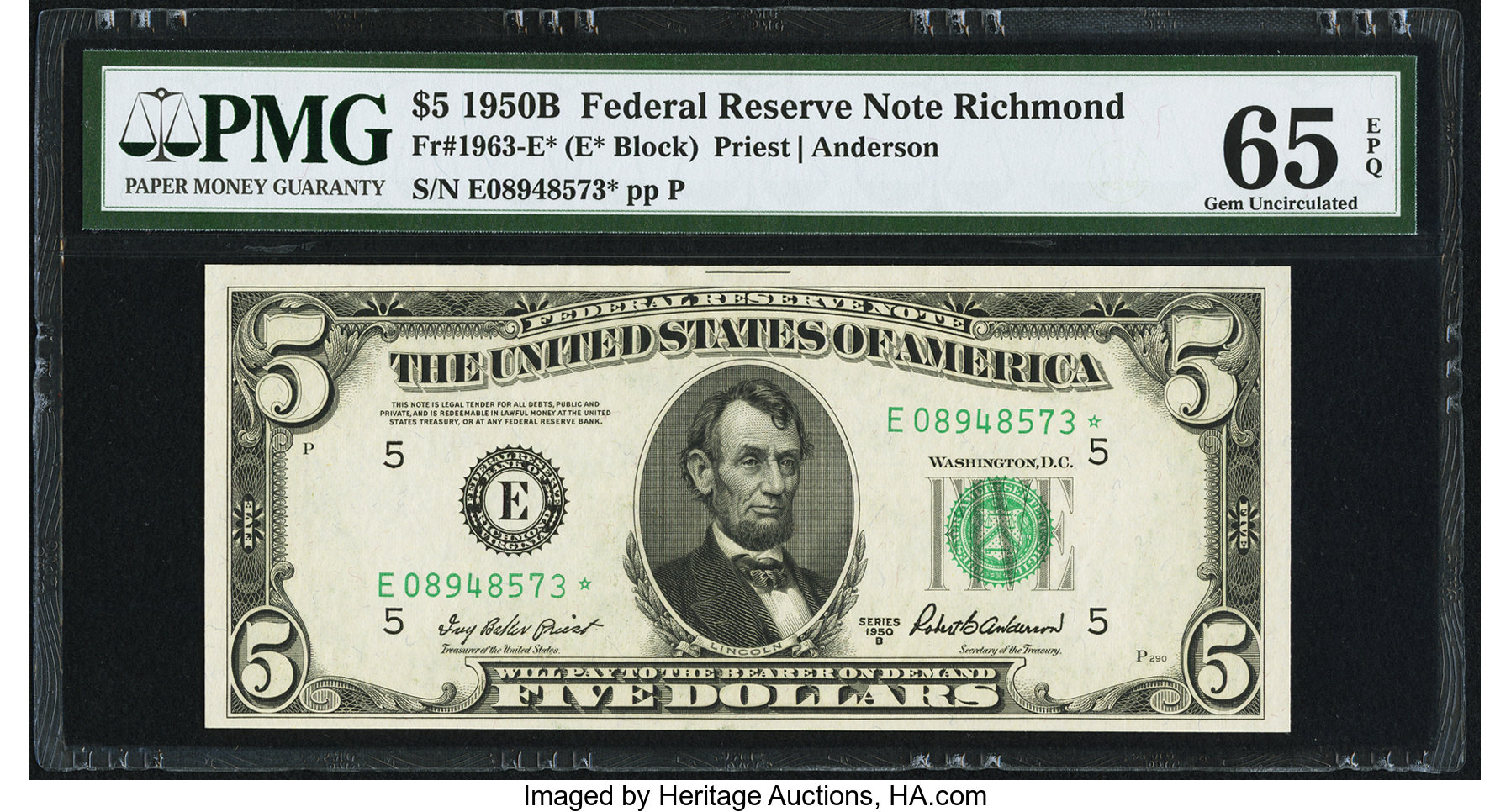 image for: Fr. 1963-E* $5 1950B Federal Reserve Note. PMG Gem Uncirculated 65 EPQ....