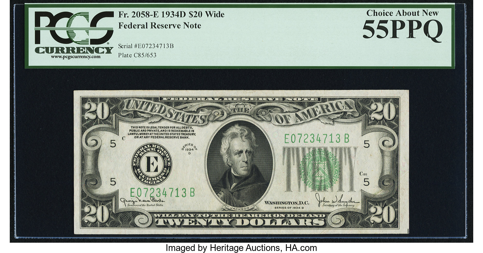 image for: Fr. 2058-E $20 1934D Wide Federal Reserve Note. PCGS Choice About New 55PPQ....