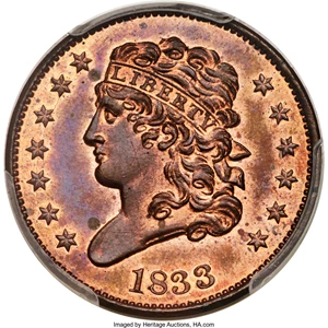 image for: 1833 1/2 C PR65 Red and Brown PCGS. CAC. C-1, B-1, R.5 as a proof....