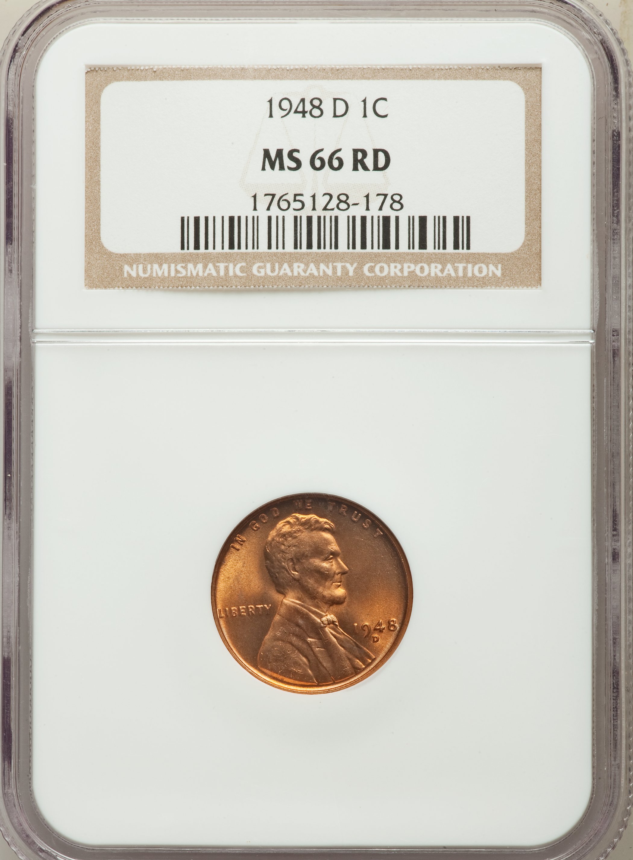 1948-D 1C MS66 Red NGC. NGC Census: (1559/95). PCGS Population: (1439/79). CDN: $30 Whsle. Bid for problem-free NGC/PCGS MS...