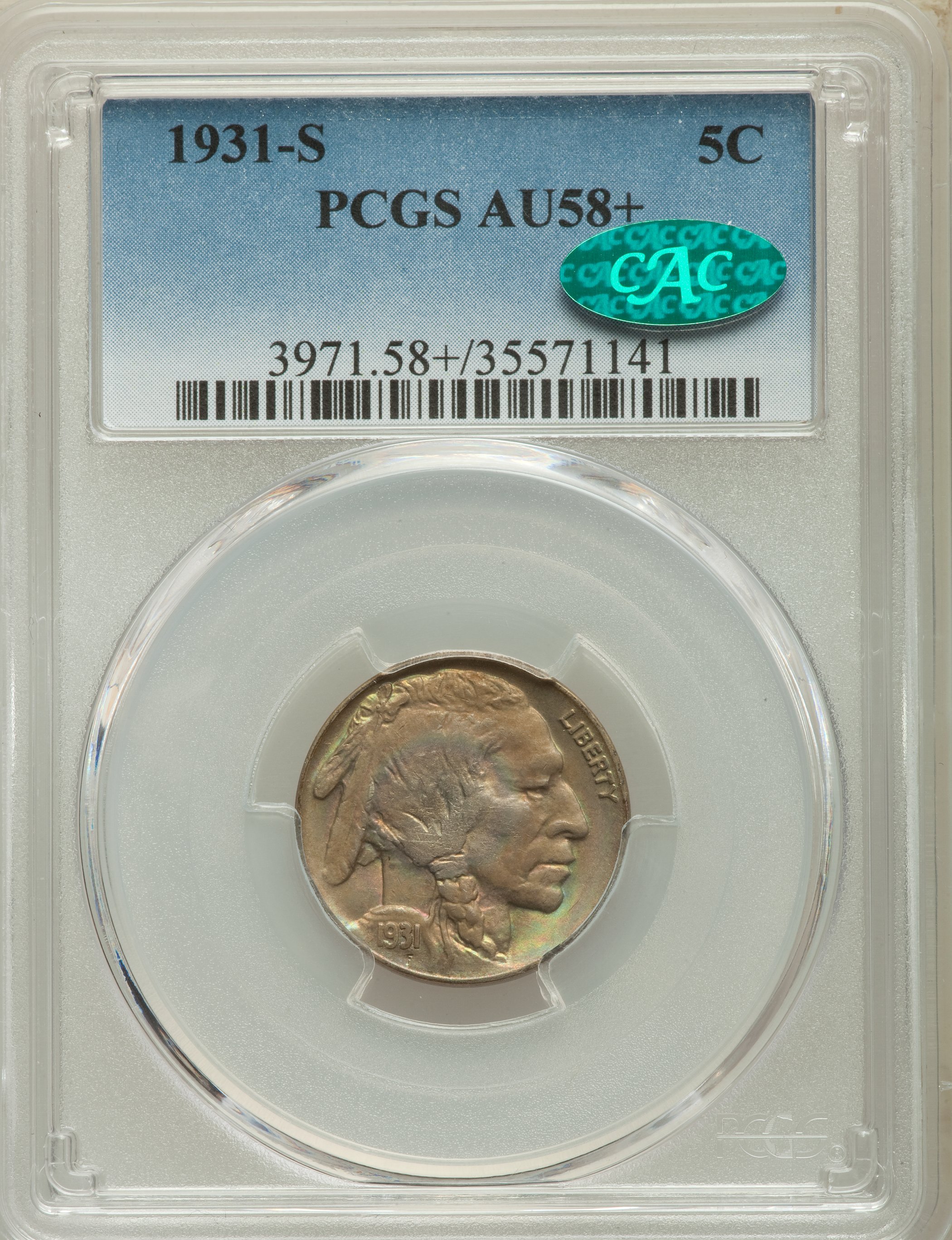 1931-S 5C AU58+ PCGS. CAC. PCGS Population: (54/4144). NGC Census: (36/1866). CDN: $42 Whsle. Bid for problem-free NGC/PCGS...