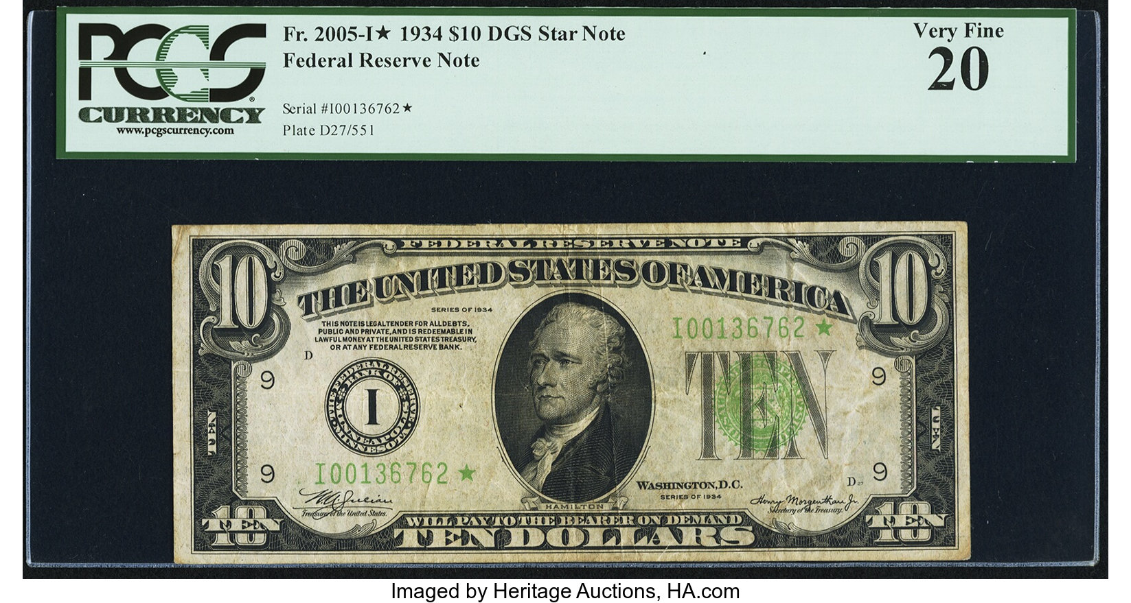 image for: Fr. 2005-I* $10 1934 Dark Green Seal Federal Reserve Star Note. PCGS Very Fine 20....