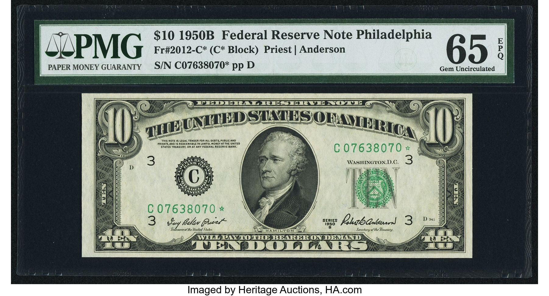 image for: Fr. 2012-C* $10 1950B Federal Reserve Star Note. PMG Gem Uncirculated 65 EPQ....
