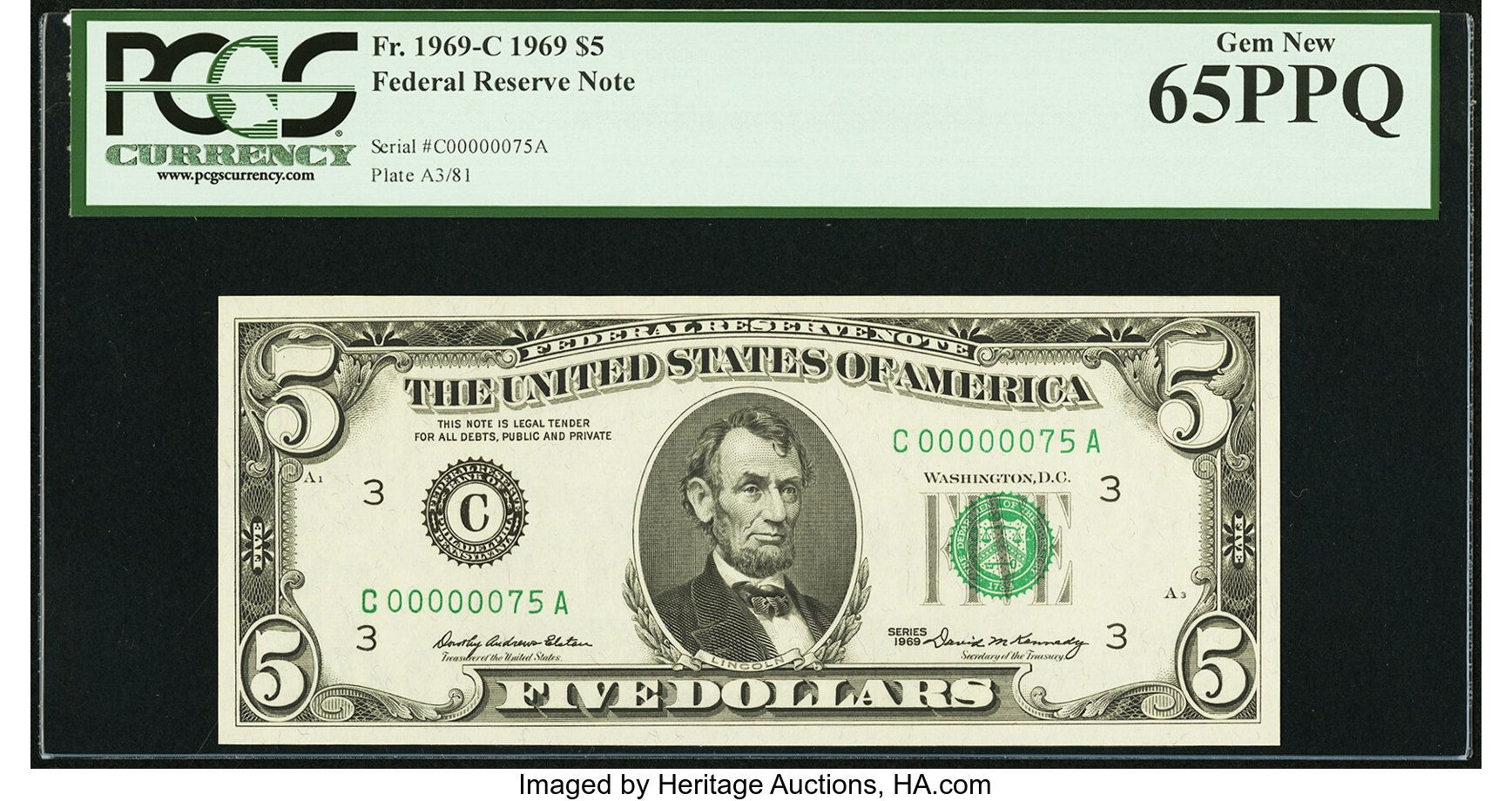 image for: Low Serial Number 75 Fr. 1969-C $5 1969 Federal Reserve Note. PCGS Gem New 65PPQ....