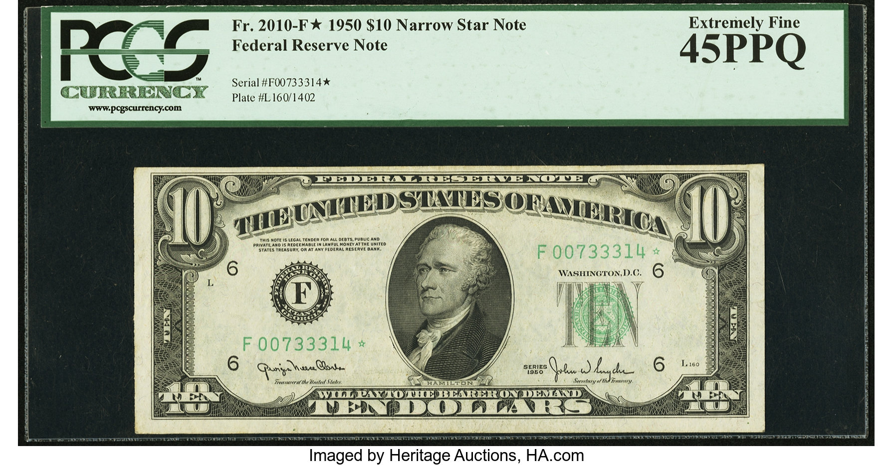 image for: Fr. 2010-F* $10 1950 Narrow Federal Reserve Star Note. PCGS Extremely Fine 45PPQ....