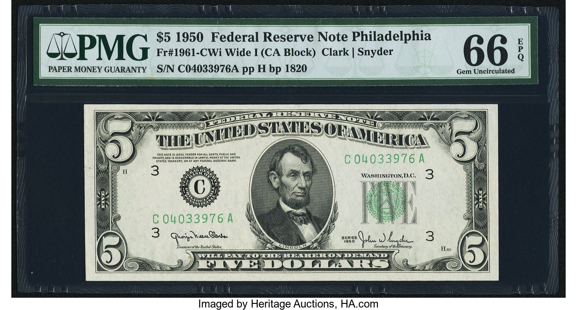 image for: Fr. 1961-C $5 1950 Wide I Federal Reserve Note. PMG Gem Uncirculated 66 EPQ....