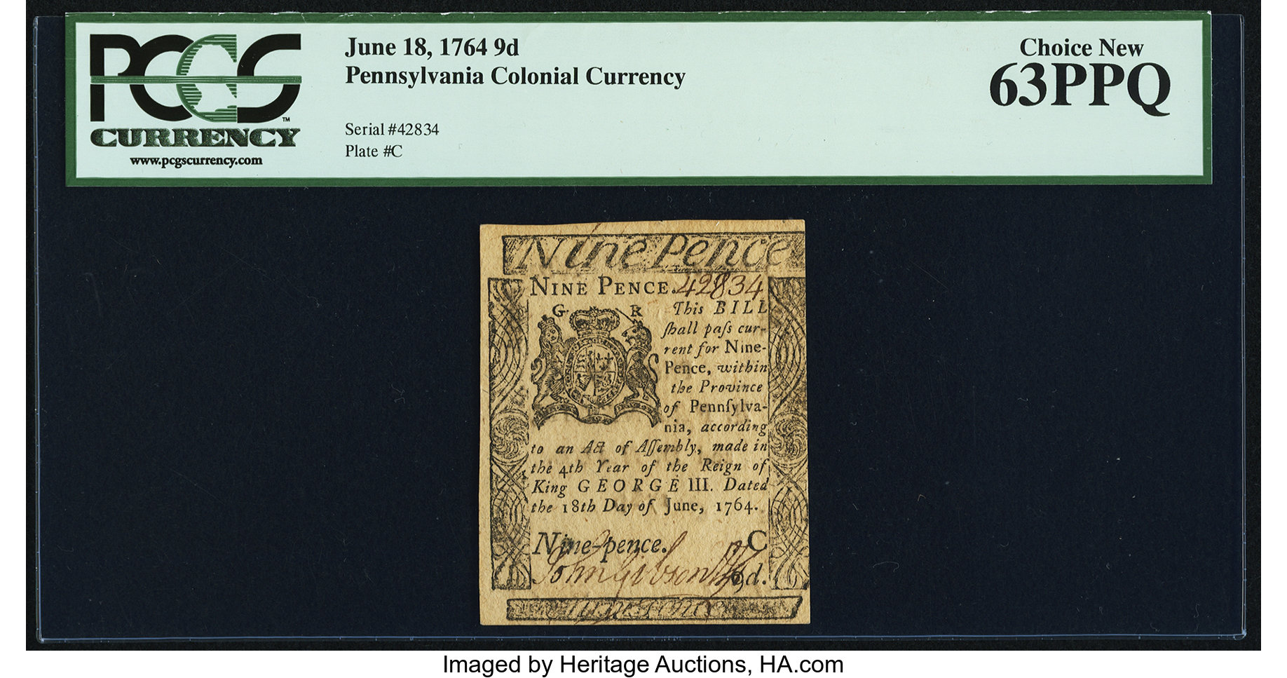 image for: Pennsylvania June 18, 1764 9d PCGS Choice New 63PPQ....