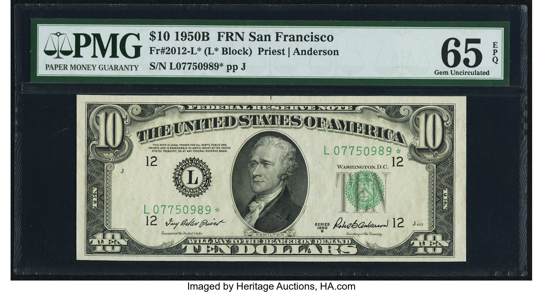 image for: Fr. 2012-L* $10 1950B Federal Reserve Star Note. PMG Gem Uncirculated 65 EPQ....