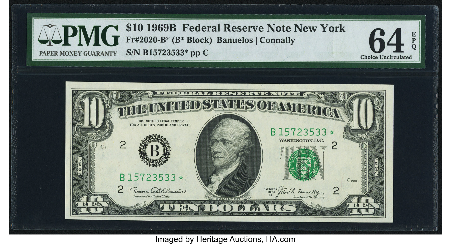 image for: Fr. 2020-B* $10 1969B Federal Reserve Star Note. PMG Choice Uncirculated 64 EPQ....