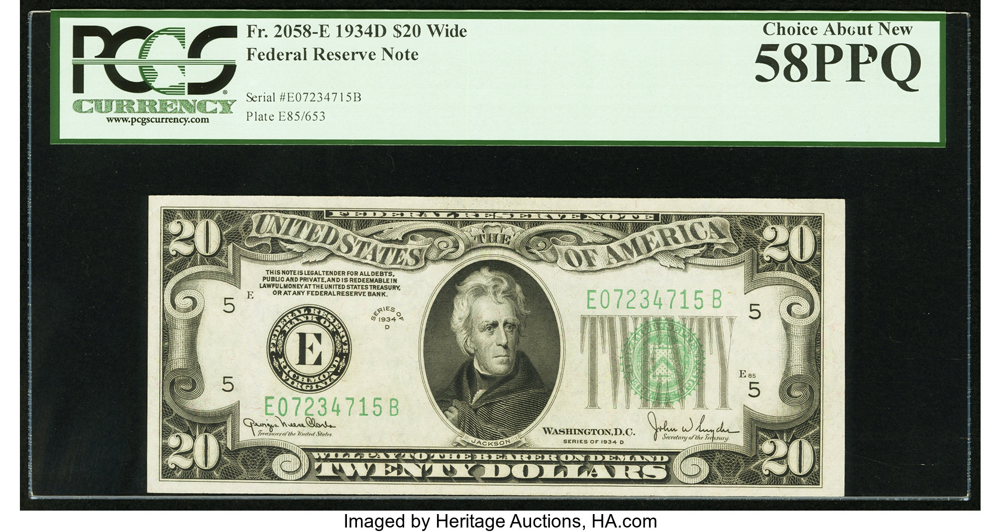image for: Fr. 2058-E $20 1934D Wide Federal Reserve Note. PCGS Choice About New 58PPQ....