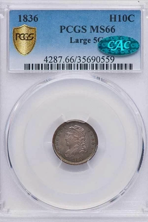 image for: H10C 1836 LARGE 5C. PCGS MS66 CAC