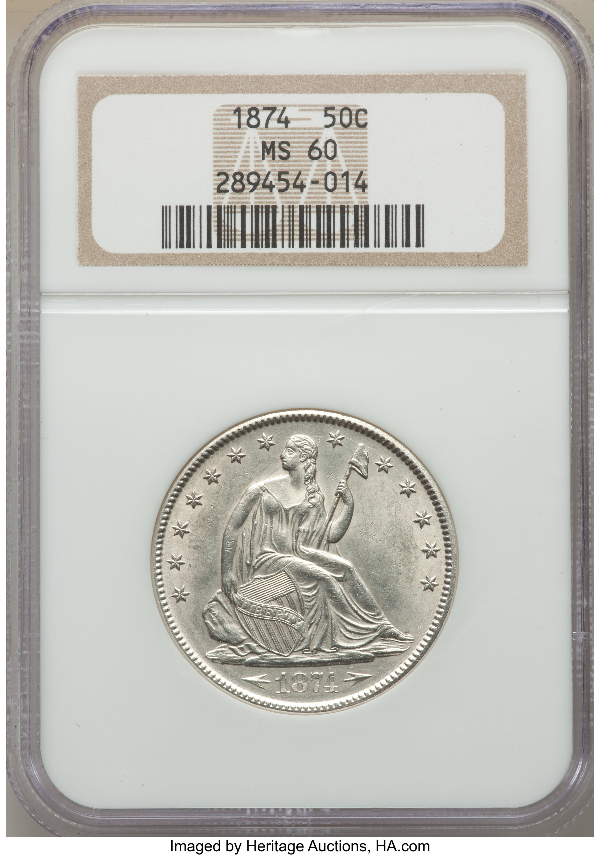 1874 50C Arrows MS60 NGC. NGC Census: (7/141). PCGS Population: (5/192). MS60. Mintage 2,360,300. ...
