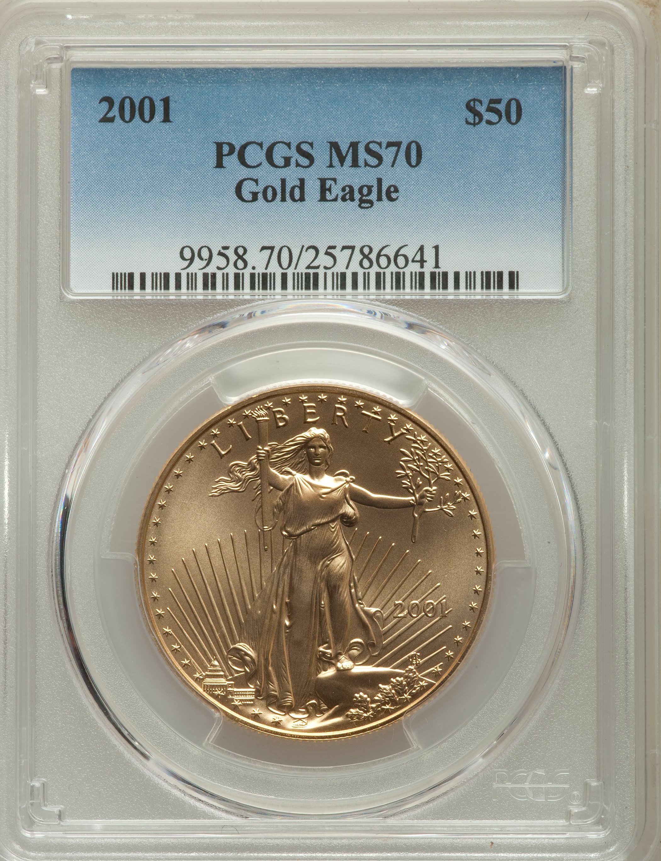 2001 $50 One-Ounce Gold Eagle MS70 PCGS. PCGS Population: (45). NGC Census: (302). Mintage 143,605. ...