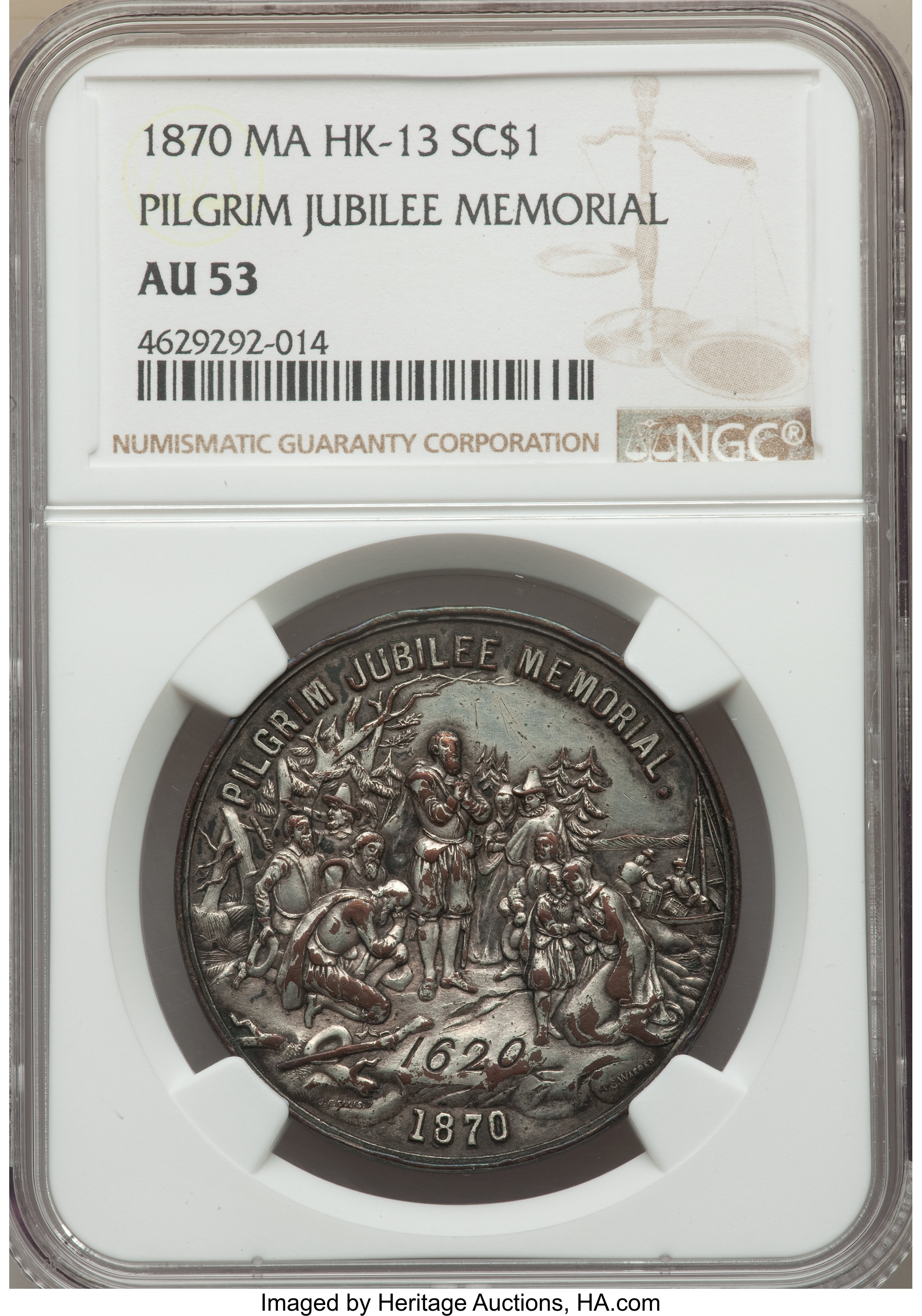 1870 Medal Pilgrim Jubilee Memorial, Silver-Plated, HK-13, R.5, AU53 NGC. NGC Census: (0/0). PCGS Population: (0/0). ...