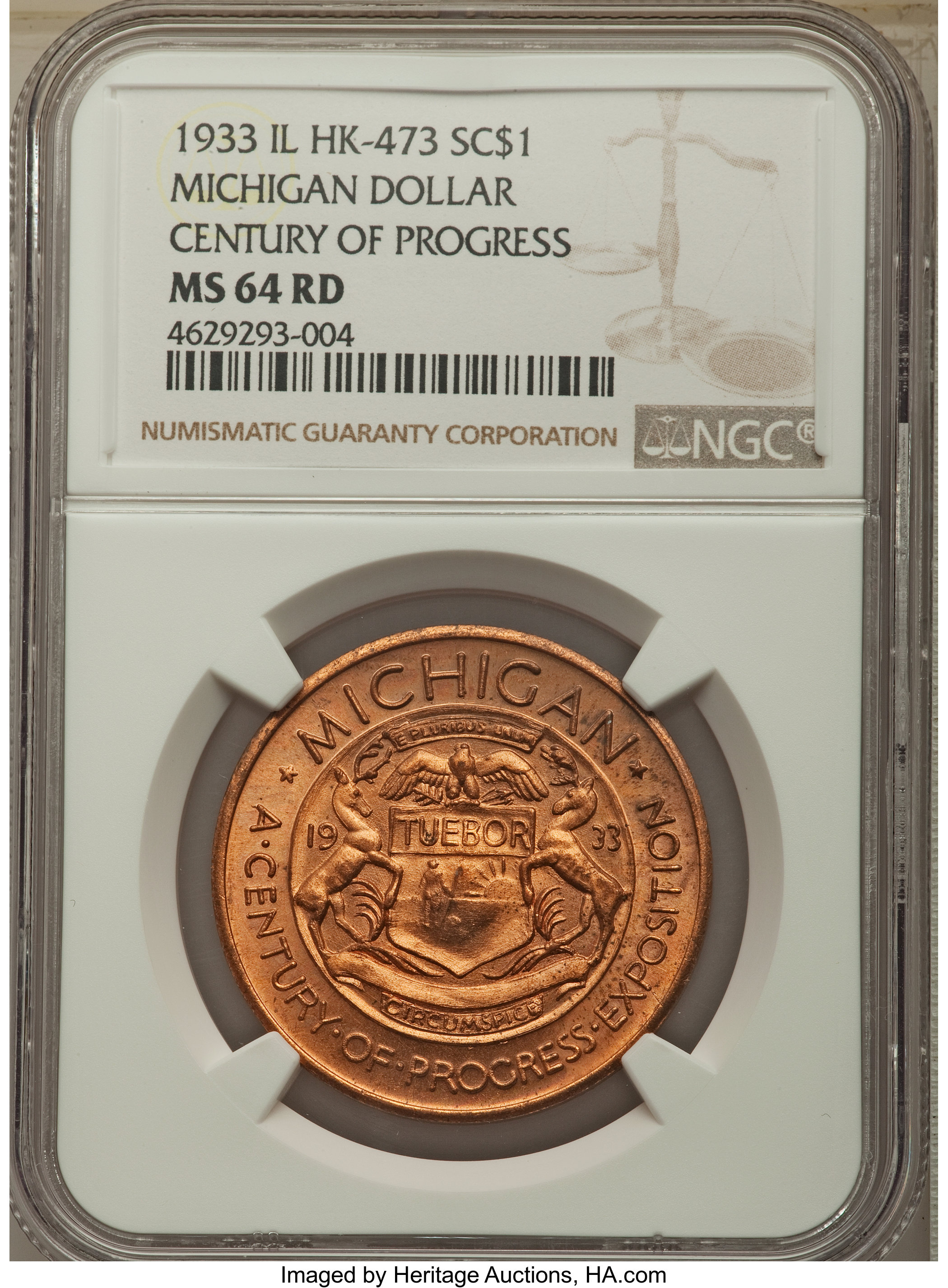 image for: A Seven-Piece Lot of 1933 Century of Progress, Michigan Dollar, Gilt, HK-473, R.3, NGC. The lot includes: (2) MS64 Red; (1... (Total: 7 medals)