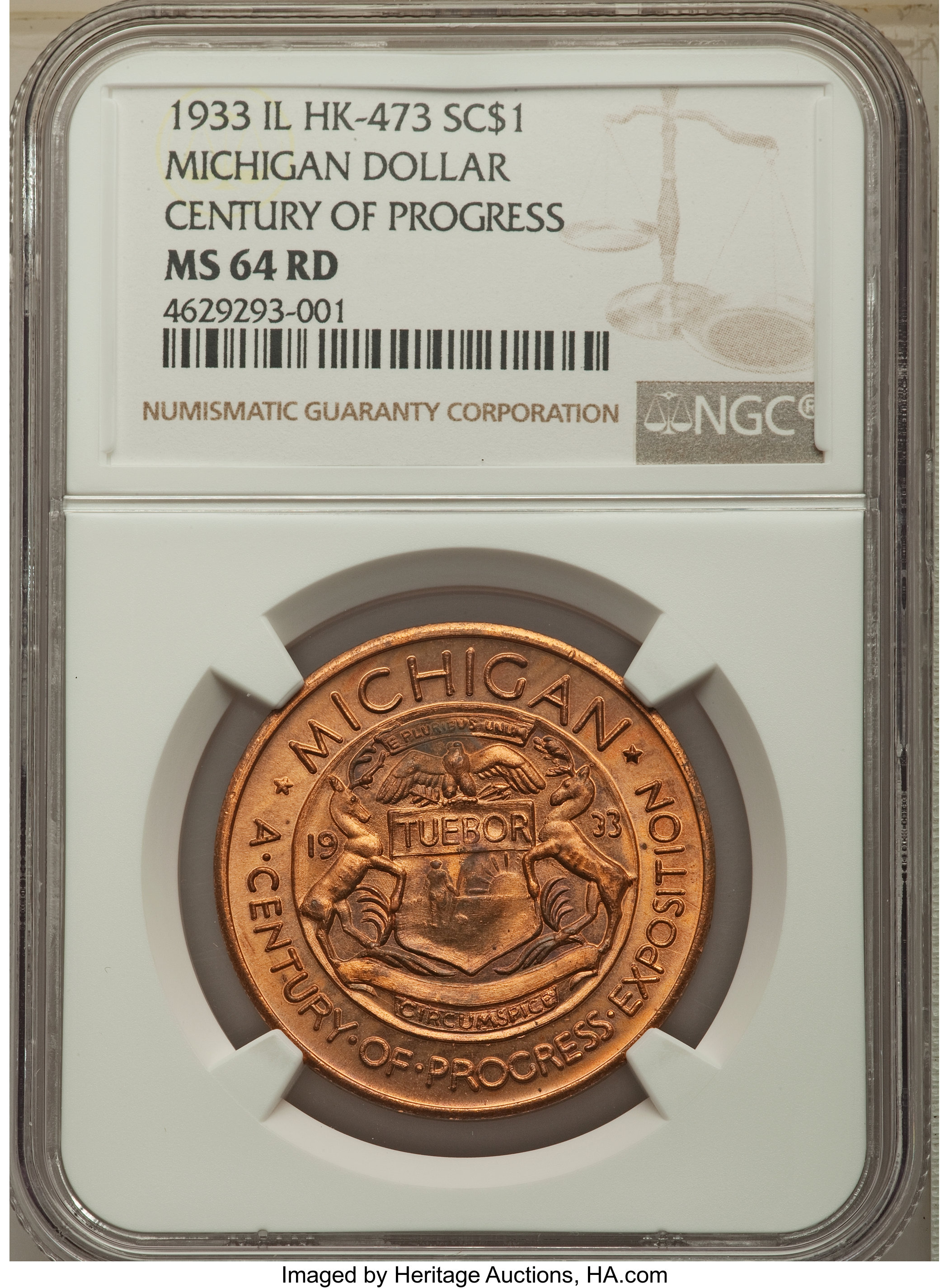 image for: A Seven-Piece Lot of 1933 Century of Progress, Michigan Dollar, Gilt, HK-473, R.3, NGC. The lot includes: (2) MS64 Red; (1... (Total: 7 medals)