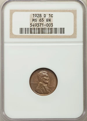 image for: 1928-D 1C MS65 Brown NGC. NGC Census: (16/2). PCGS Population: (20/2). CDN: $145 Whsle. Bid for problem-free NGC/PCGS MS65....