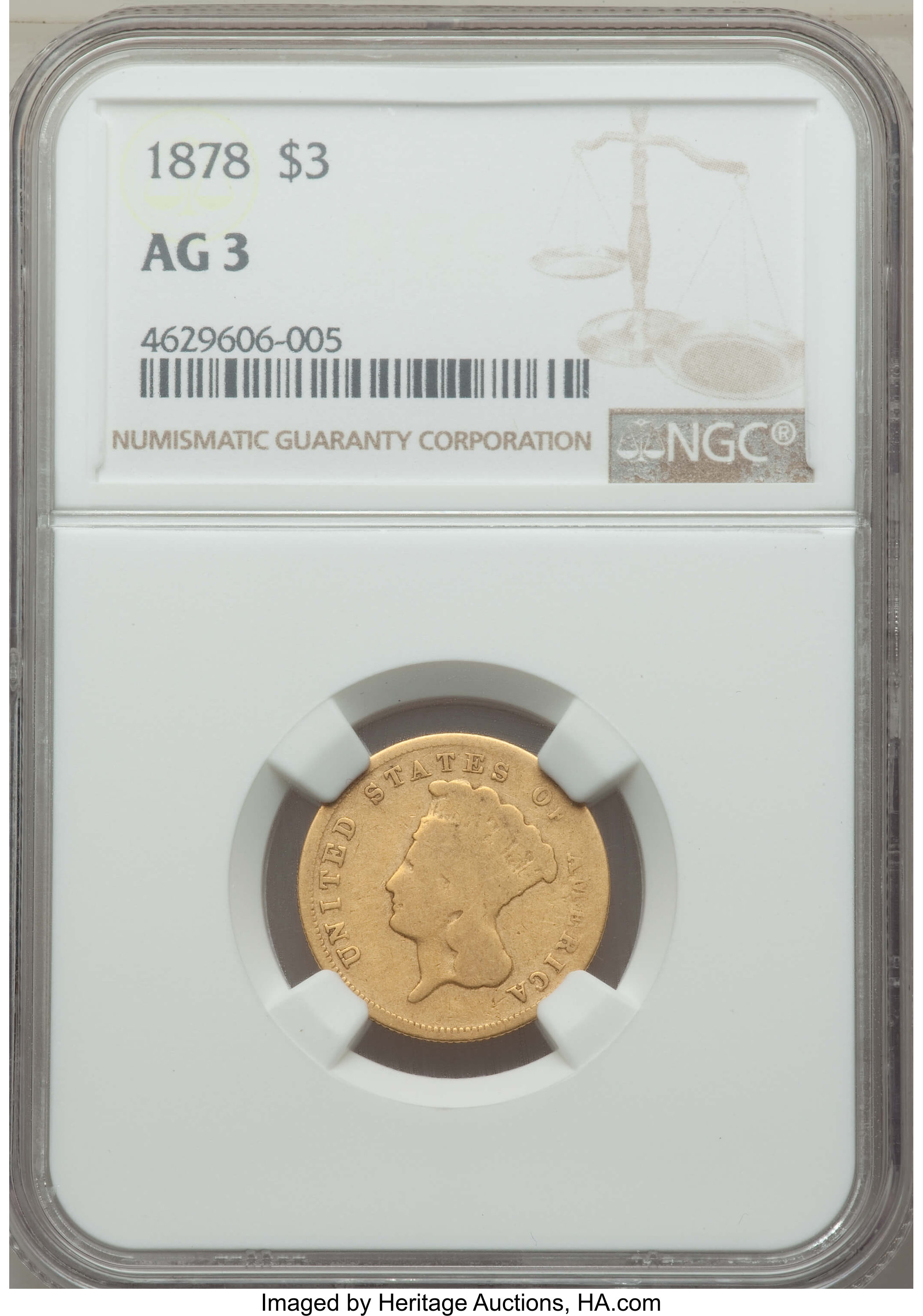 1878 $3 AG3 NGC. NGC Census: (0/5392). PCGS Population: (3/6211). Mintage 82,304. ...