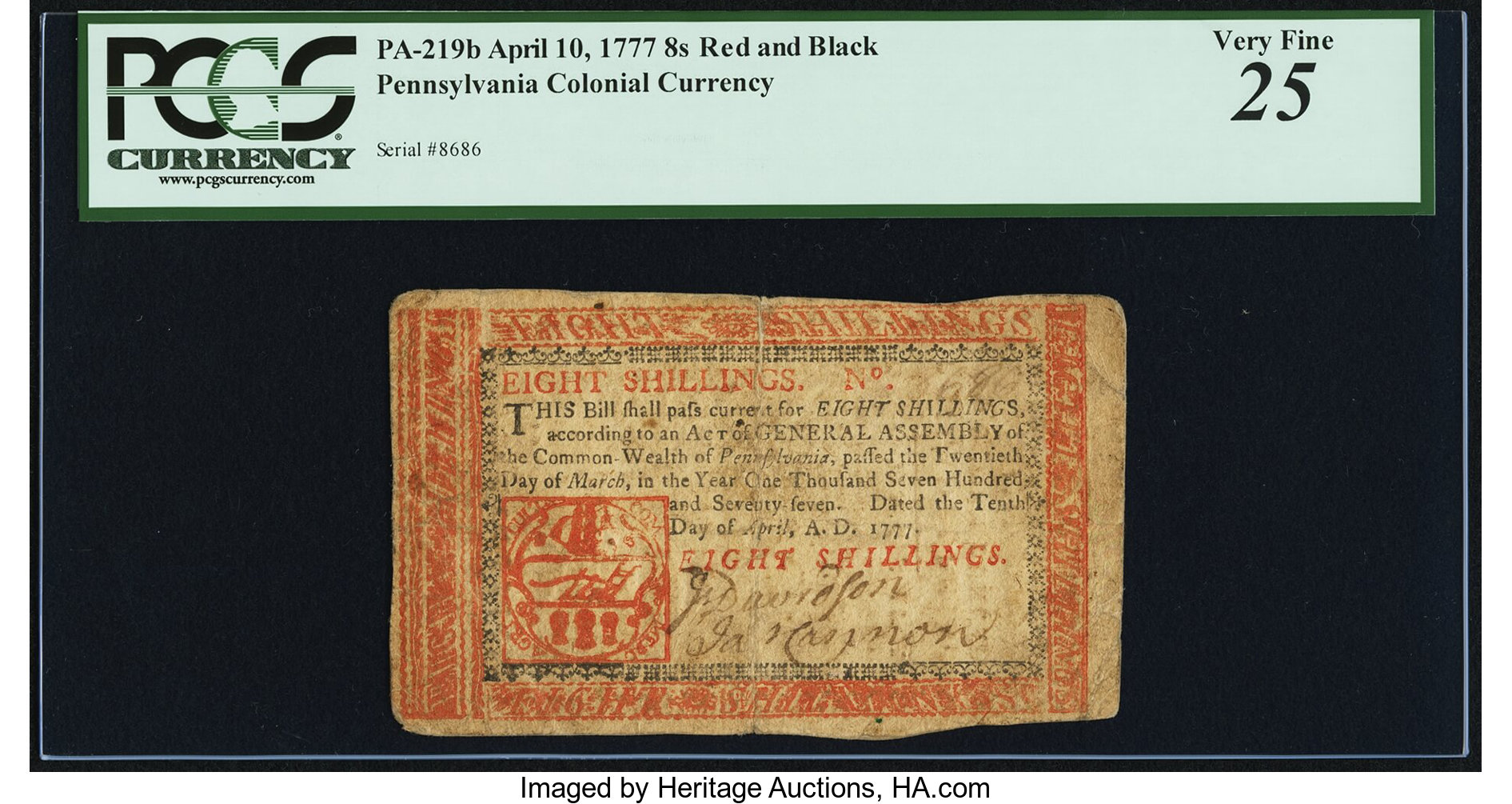 image for: Pennsylvania April 10, 1777 8s PCGS Very Fine 25....