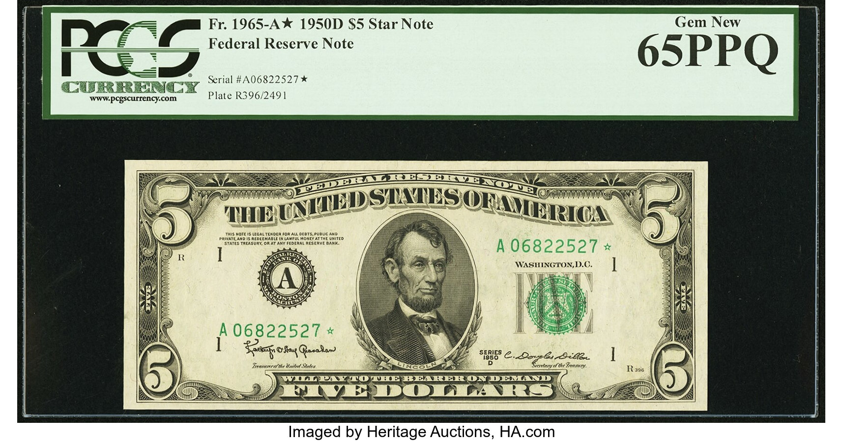 image for: Fr. 1965-A* $5 1950D Federal Reserve Star Note. PCGS Gem New 65PPQ....